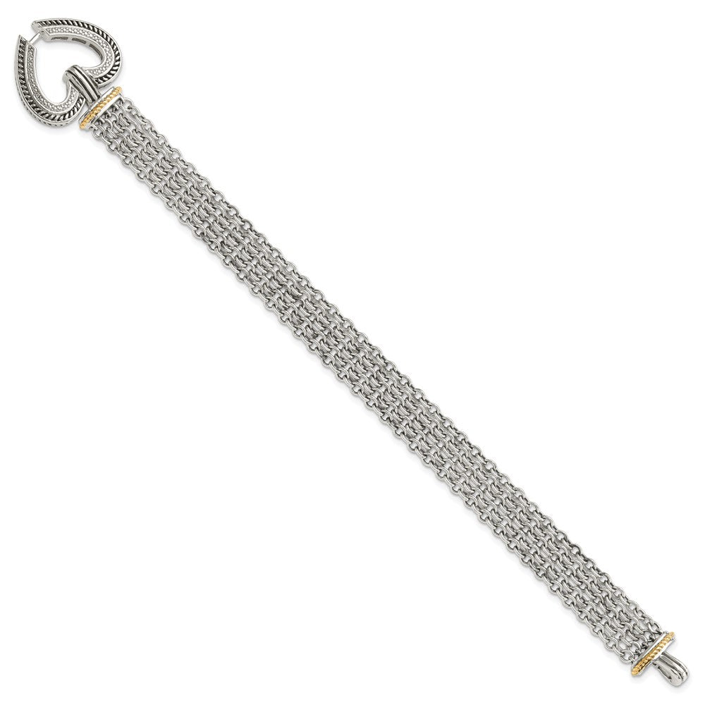 14K/Silver Two Tone Shey Couture Sterling Silver With 14K Accent 7.75 Inch Antiqued Diamond Heart Bracelet