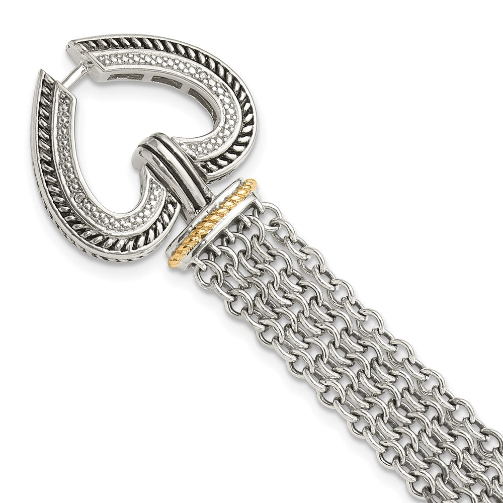 14K/Silver Two Tone Shey Couture Sterling Silver With 14K Accent 7.75 Inch Antiqued Diamond Heart Bracelet