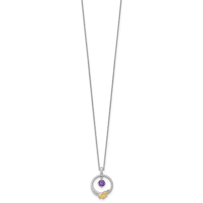 Ss Rhodium Plated W/ 14K/Silver Two-Tone Accent Twisted Amethyst Leaf Circle Necklace