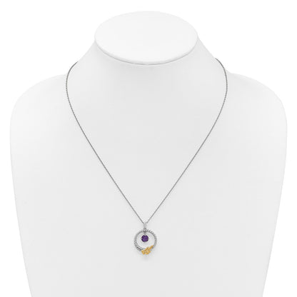 Ss Rhodium Plated W/ 14K/Silver Two-Tone Accent Twisted Amethyst Leaf Circle Necklace