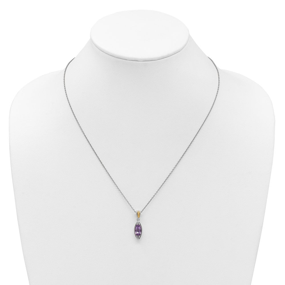 Sterling Silver Rhodium Plated w/14K/Silver Two-Tone Accent Amethyst Navette Necklace