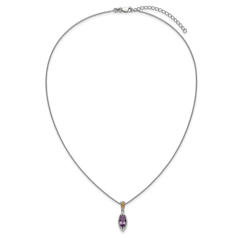 Sterling Silver Rhodium Plated w/14K/Silver Two-Tone Accent Amethyst Navette Necklace