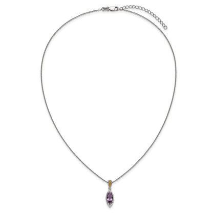 Sterling Silver Rhodium Plated w/14K/Silver Two-Tone Accent Amethyst Navette Necklace