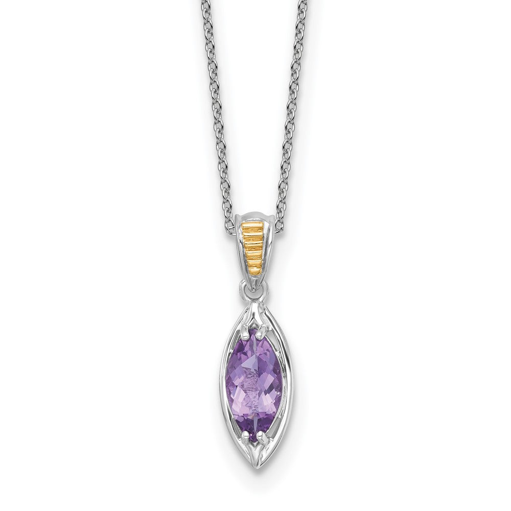 Sterling Silver Rhodium Plated w/14K/Silver Two-Tone Accent Amethyst Navette Necklace