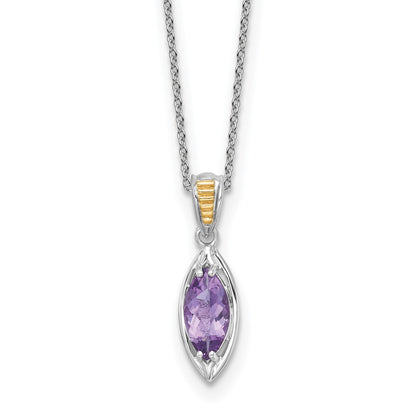 Sterling Silver Rhodium Plated w/14K/Silver Two-Tone Accent Amethyst Navette Necklace