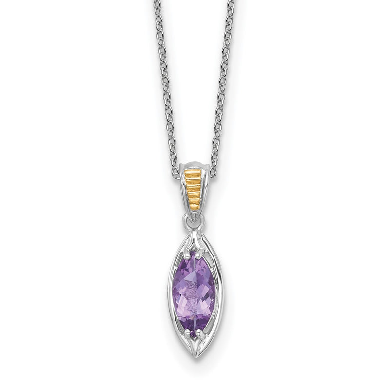 Sterling Silver Rhodium Plated w/14K/Silver Two-Tone Accent Amethyst Navette Necklace