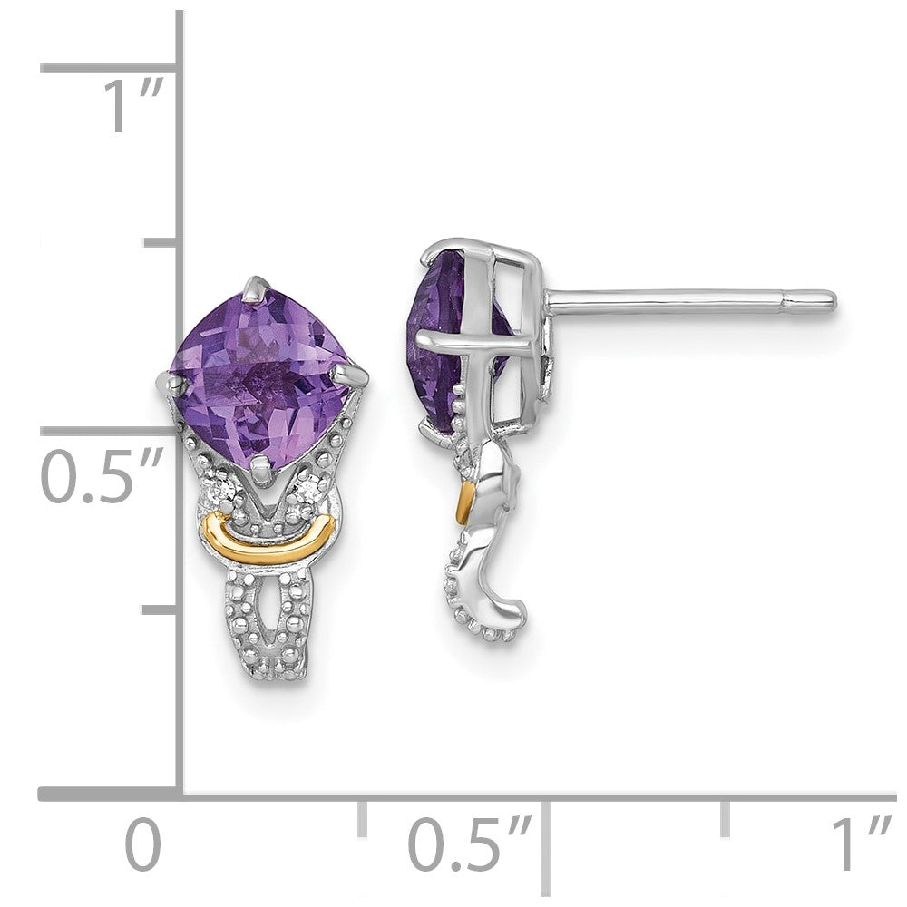 Sterling Silver Rhodium Plated w/14K/Silver Two-Tone Accent Amethyst/dia Post Earrings