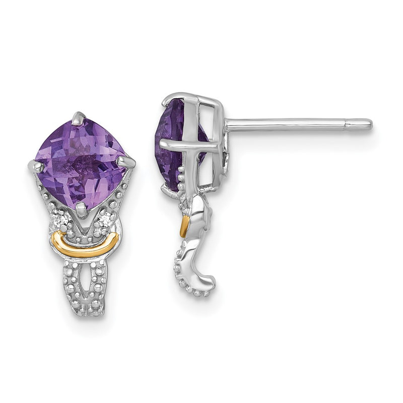 Sterling Silver Rhodium Plated w/14K/Silver Two-Tone Accent Amethyst/dia Post Earrings