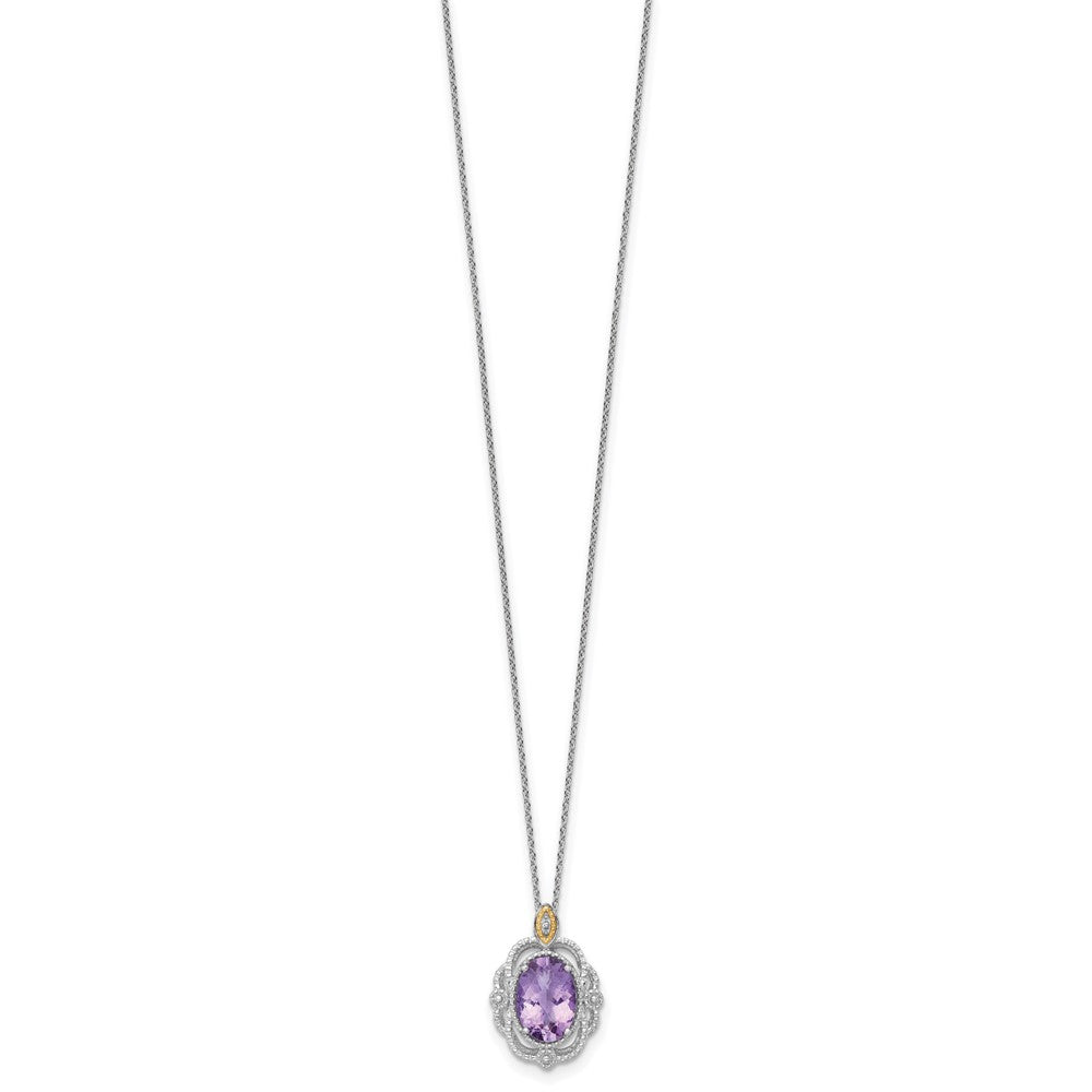 Ss Rhodium Plated w/14K/Silver Two-Tone Accent Oval Amethyst Vintage Necklace