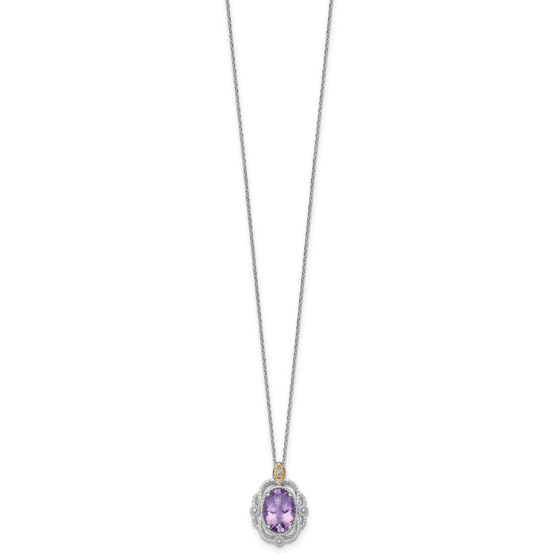 Ss Rhodium Plated w/14K/Silver Two-Tone Accent Oval Amethyst Vintage Necklace