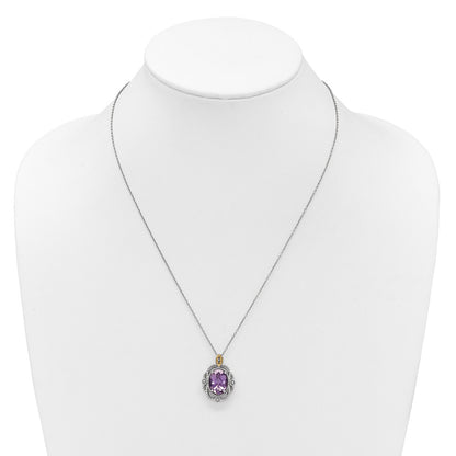 Ss Rhodium Plated w/14K/Silver Two-Tone Accent Oval Amethyst Vintage Necklace