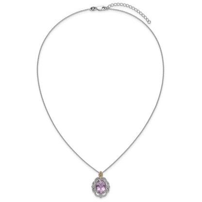 Ss Rhodium Plated w/14K/Silver Two-Tone Accent Oval Amethyst Vintage Necklace