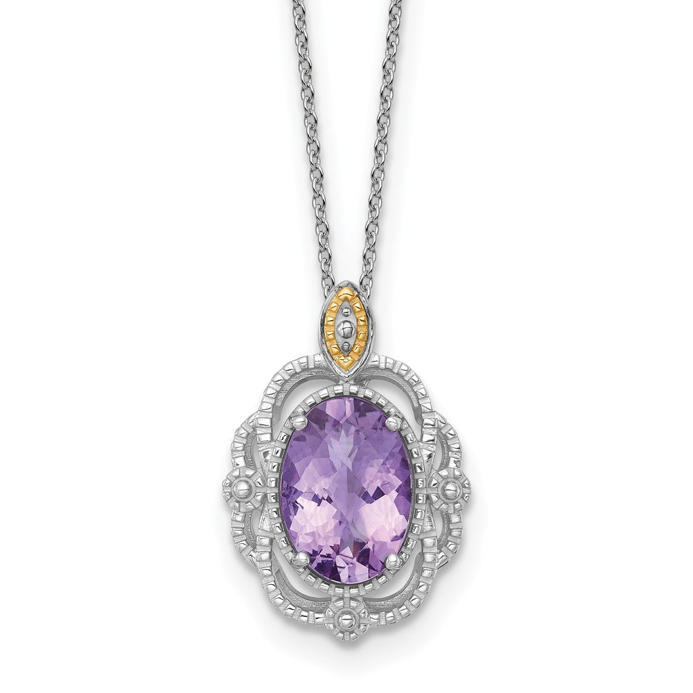 Ss Rhodium Plated w/14K/Silver Two-Tone Accent Oval Amethyst Vintage Necklace