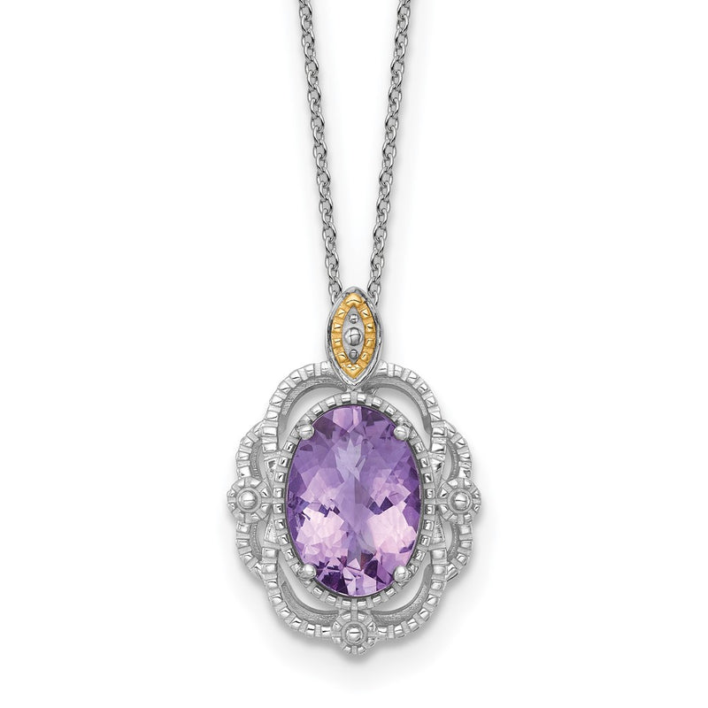 Ss Rhodium Plated w/14K/Silver Two-Tone Accent Oval Amethyst Vintage Necklace