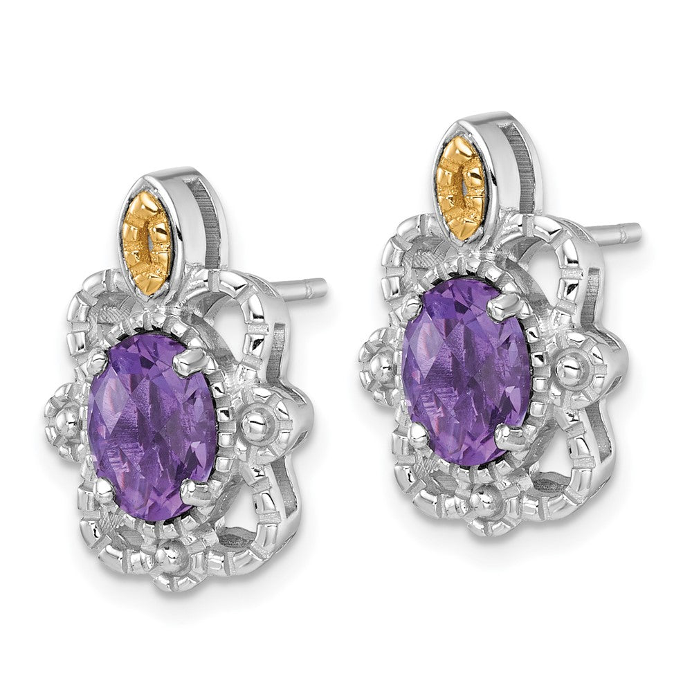 Sterling Silver Rhodium Plated w/14K/Silver Two-Tone Accent Amethyst Post Earrings