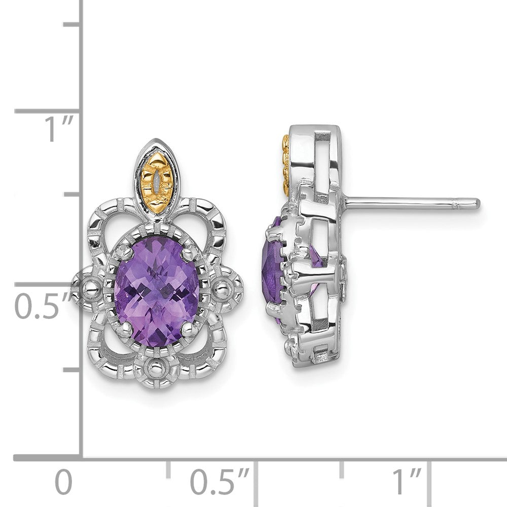 Sterling Silver Rhodium Plated w/14K/Silver Two-Tone Accent Amethyst Post Earrings