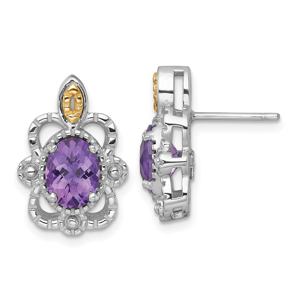 Sterling Silver Rhodium Plated w/14K/Silver Two-Tone Accent Amethyst Post Earrings