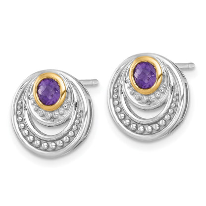 Sterling Silver Rhodium-Plated w/14K/Silver Two-Tone Accent Amethyst Post Earrings