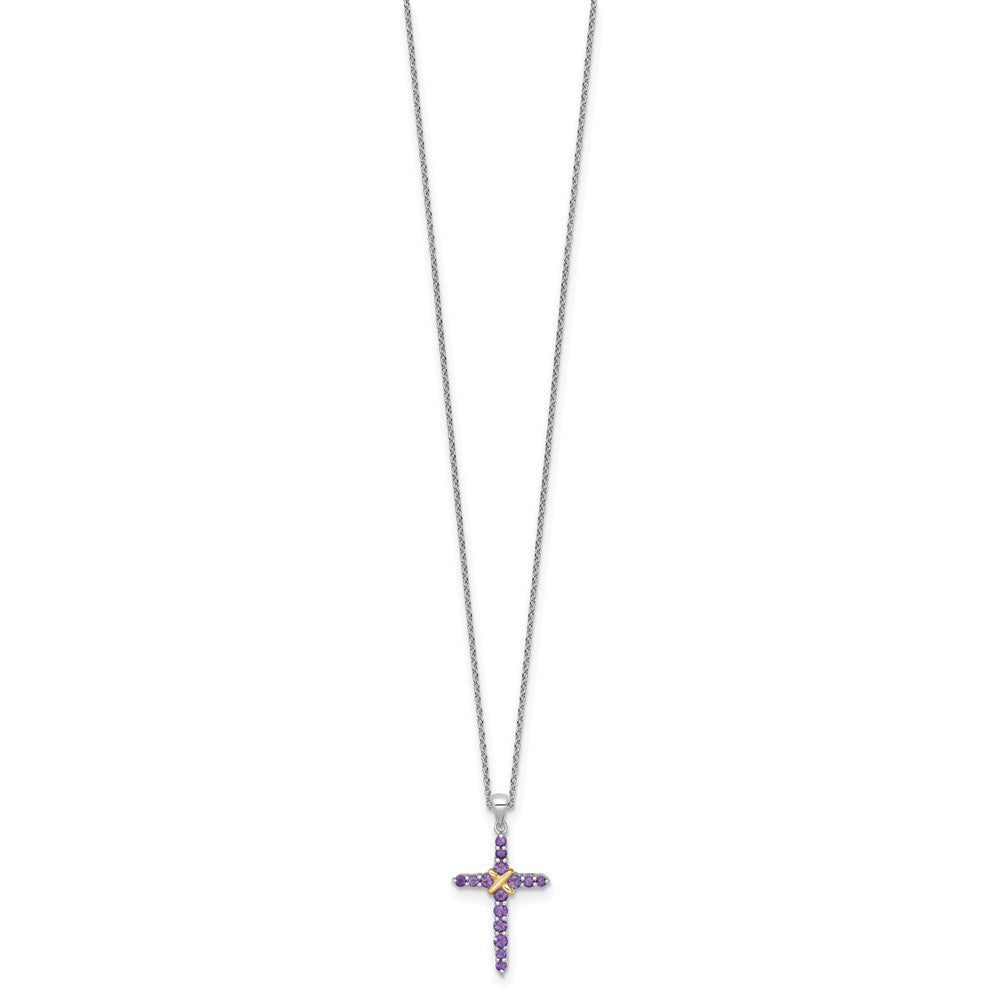 Sterling Silver Rhodium Plated w/14K/Silver Two-Tone Accent Amethyst Cross Necklace