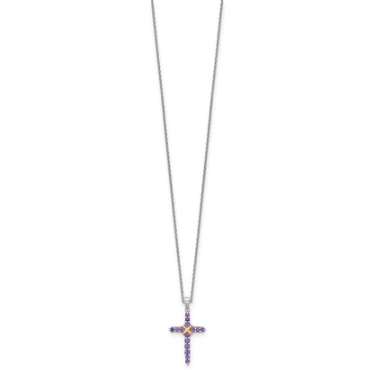 Sterling Silver Rhodium Plated w/14K/Silver Two-Tone Accent Amethyst Cross Necklace