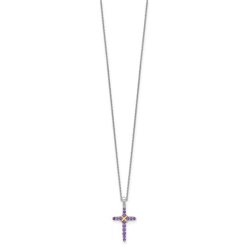 Sterling Silver Rhodium Plated w/14K/Silver Two-Tone Accent Amethyst Cross Necklace