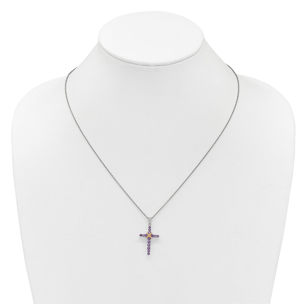 Sterling Silver Rhodium Plated w/14K/Silver Two-Tone Accent Amethyst Cross Necklace