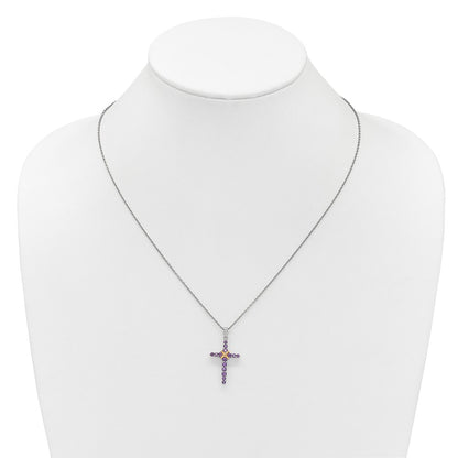 Sterling Silver Rhodium Plated w/14K/Silver Two-Tone Accent Amethyst Cross Necklace