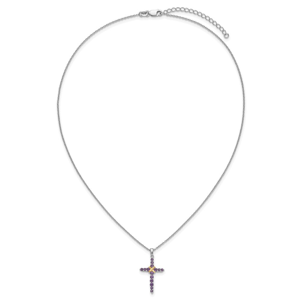 Sterling Silver Rhodium Plated w/14K/Silver Two-Tone Accent Amethyst Cross Necklace