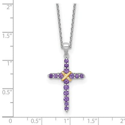 Sterling Silver Rhodium Plated w/14K/Silver Two-Tone Accent Amethyst Cross Necklace