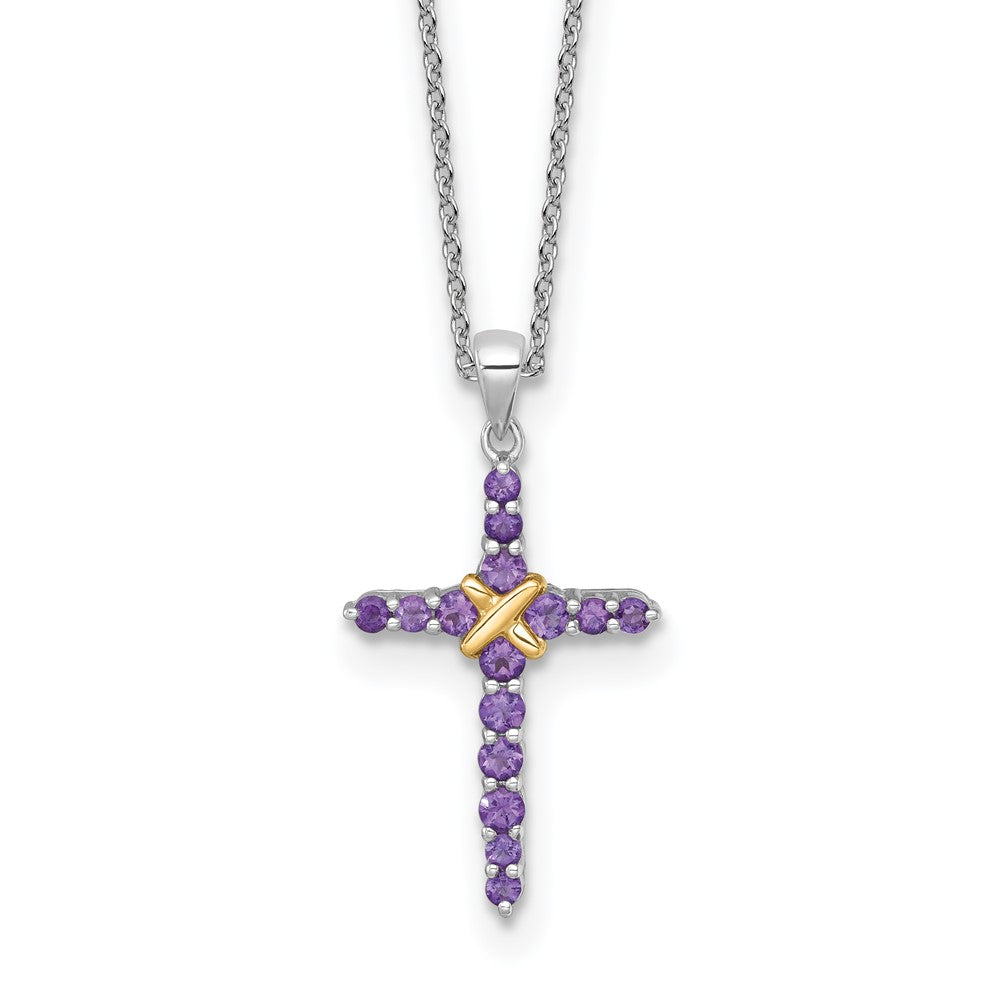 Sterling Silver Rhodium Plated w/14K/Silver Two-Tone Accent Amethyst Cross Necklace
