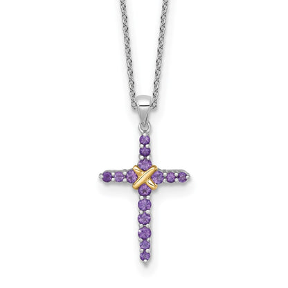 Sterling Silver Rhodium Plated w/14K/Silver Two-Tone Accent Amethyst Cross Necklace