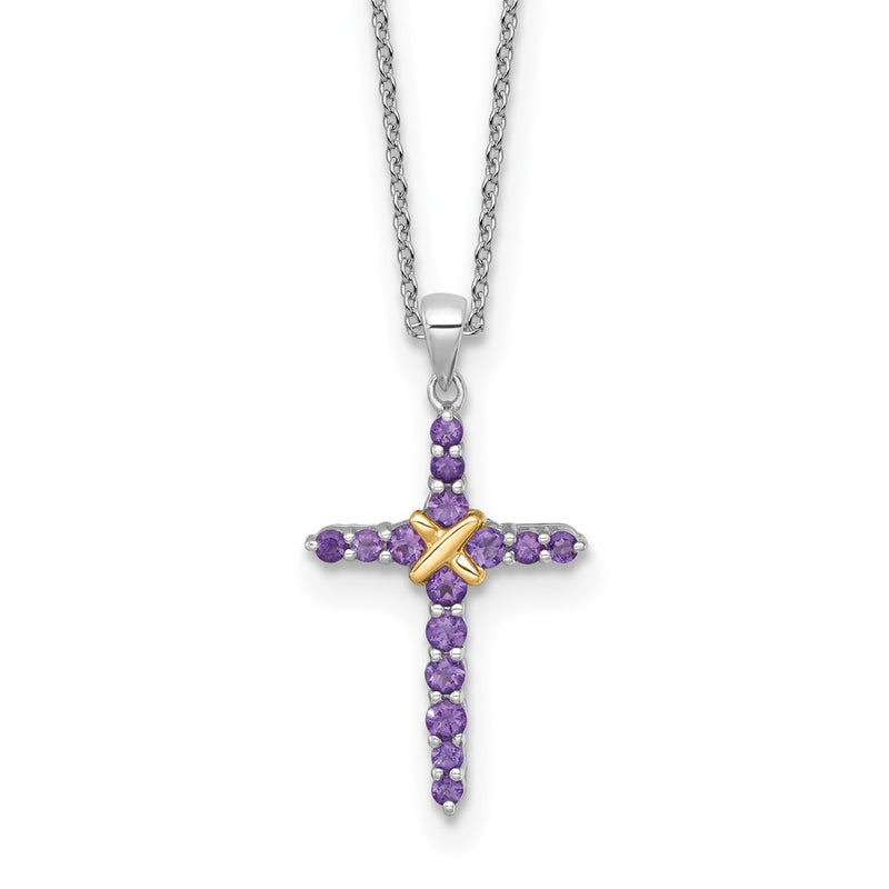 Sterling Silver Rhodium Plated w/14K/Silver Two-Tone Accent Amethyst Cross Necklace