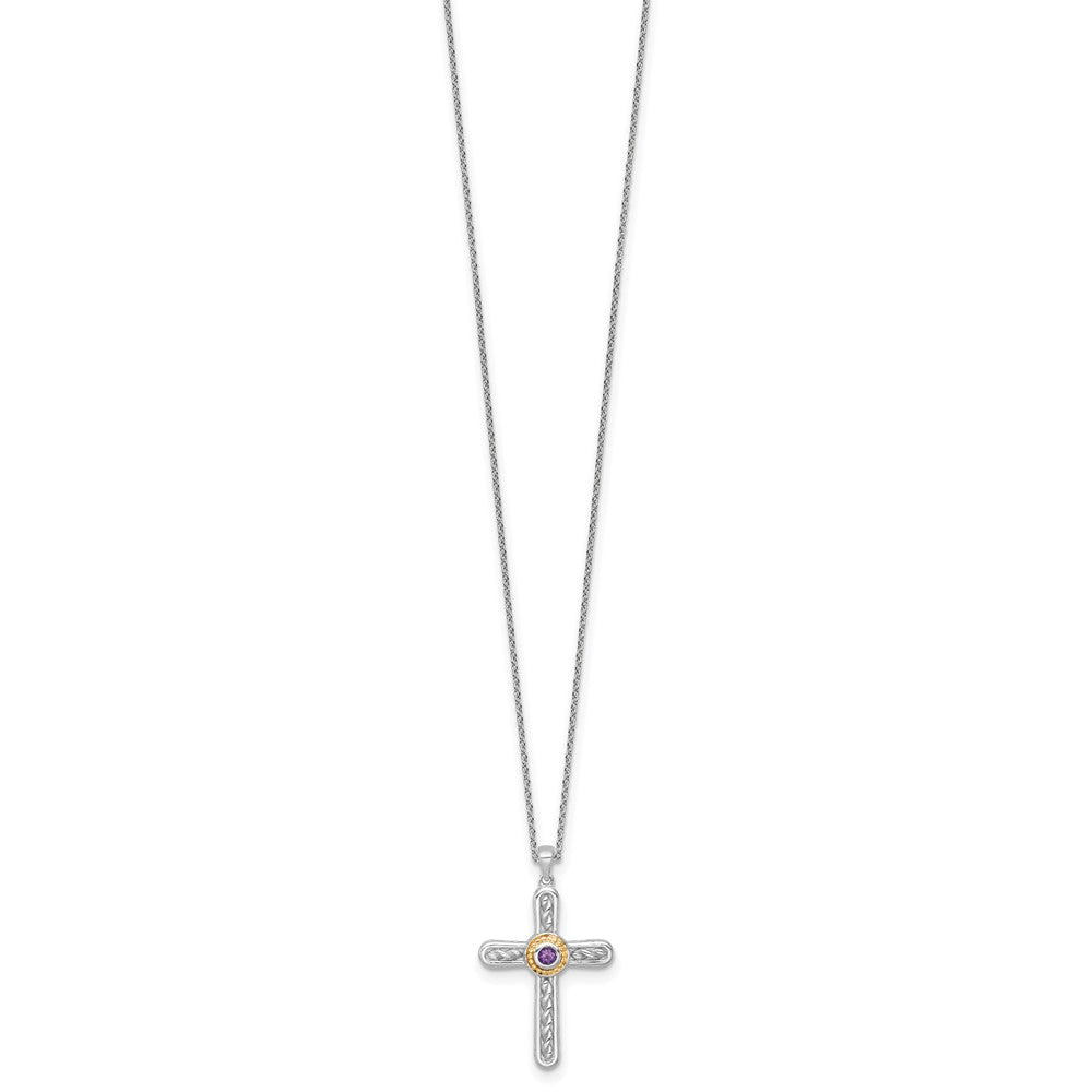 Ss Rhodium Plated W/ 14K/Silver Two-Tone Accent Textured Amethyst Cross Necklace