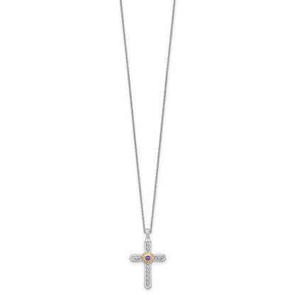 Ss Rhodium Plated W/ 14K/Silver Two-Tone Accent Textured Amethyst Cross Necklace