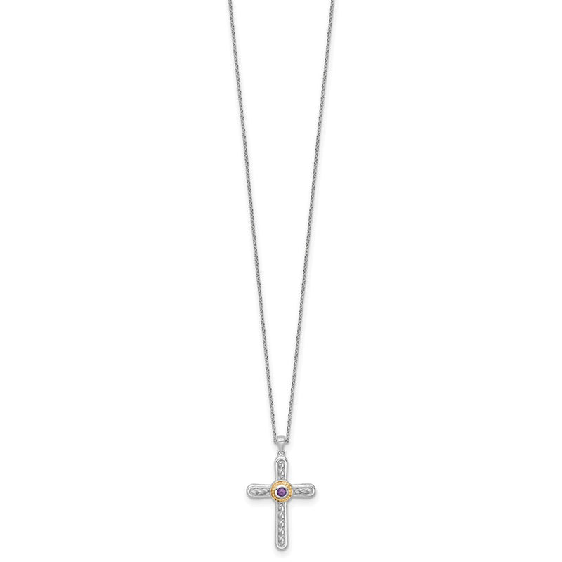 Ss Rhodium Plated W/ 14K/Silver Two-Tone Accent Textured Amethyst Cross Necklace