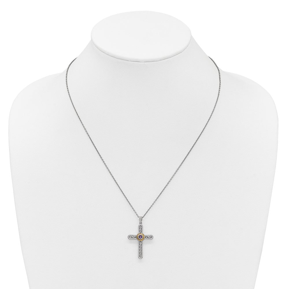 Ss Rhodium Plated W/ 14K/Silver Two-Tone Accent Textured Amethyst Cross Necklace