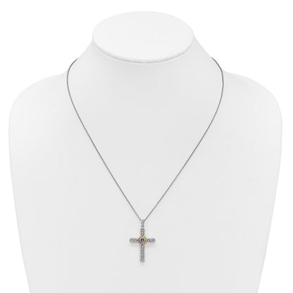 Ss Rhodium Plated W/ 14K/Silver Two-Tone Accent Textured Amethyst Cross Necklace