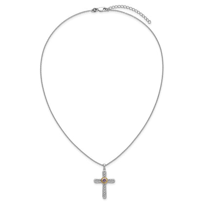 Ss Rhodium Plated W/ 14K/Silver Two-Tone Accent Textured Amethyst Cross Necklace