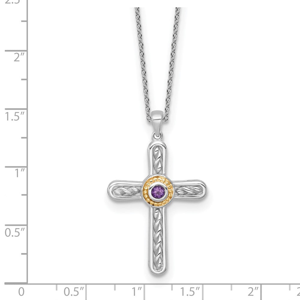 Ss Rhodium Plated W/ 14K/Silver Two-Tone Accent Textured Amethyst Cross Necklace