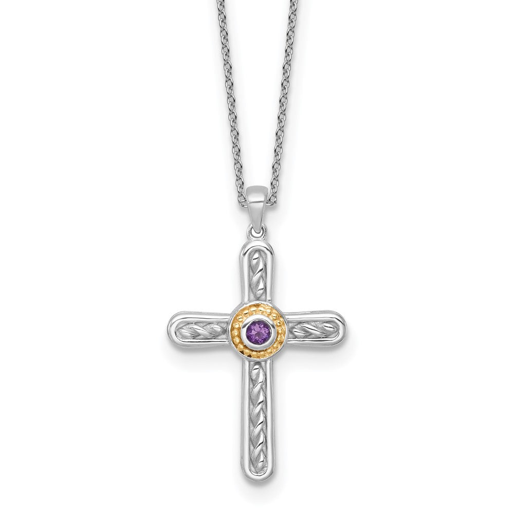Ss Rhodium Plated W/ 14K/Silver Two-Tone Accent Textured Amethyst Cross Necklace
