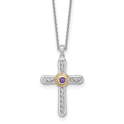 Ss Rhodium Plated W/ 14K/Silver Two-Tone Accent Textured Amethyst Cross Necklace