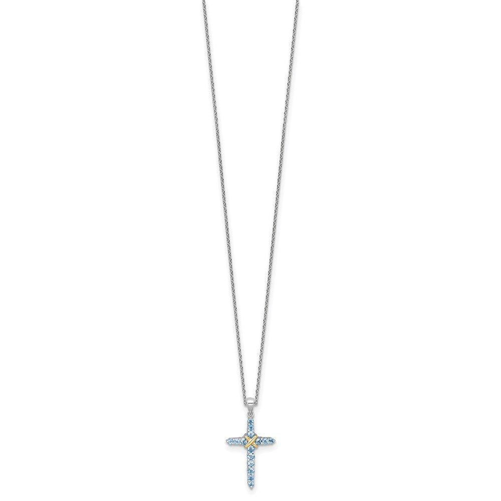 Ss Rhodium Plated w/14K/Silver Two-Tone Accent Light Swiss Blue Topaz Cross Necklace