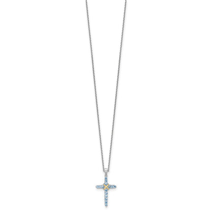 Ss Rhodium Plated w/14K/Silver Two-Tone Accent Light Swiss Blue Topaz Cross Necklace