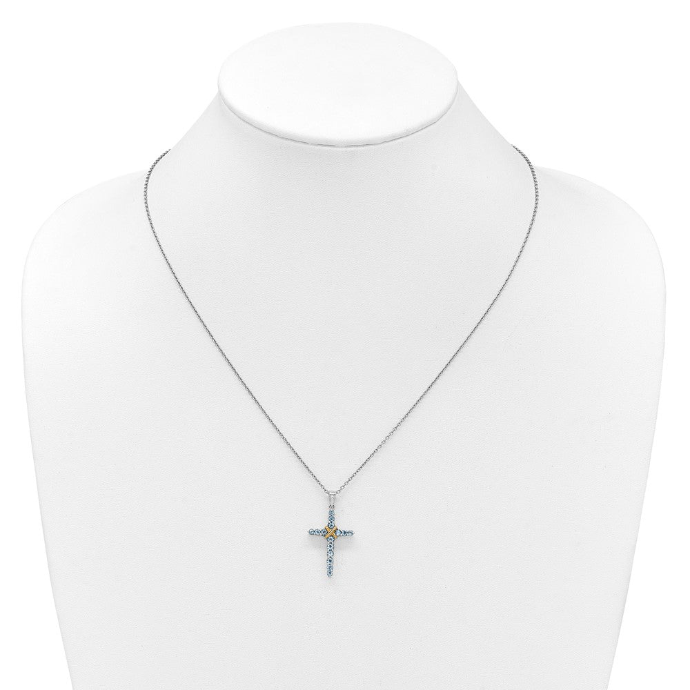 Ss Rhodium Plated w/14K/Silver Two-Tone Accent Light Swiss Blue Topaz Cross Necklace