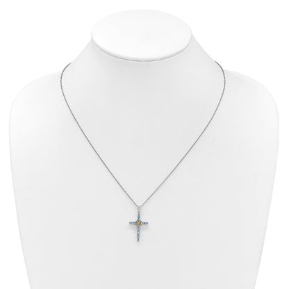 Ss Rhodium Plated w/14K/Silver Two-Tone Accent Light Swiss Blue Topaz Cross Necklace