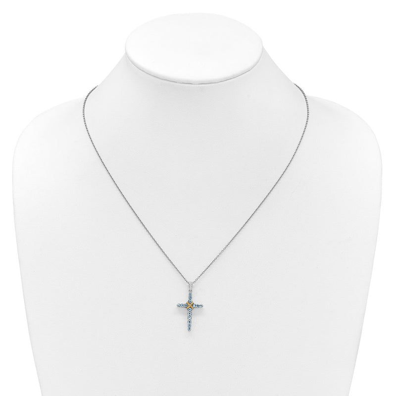 Ss Rhodium Plated w/14K/Silver Two-Tone Accent Light Swiss Blue Topaz Cross Necklace