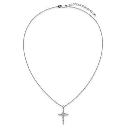 Ss Rhodium Plated w/14K/Silver Two-Tone Accent Light Swiss Blue Topaz Cross Necklace