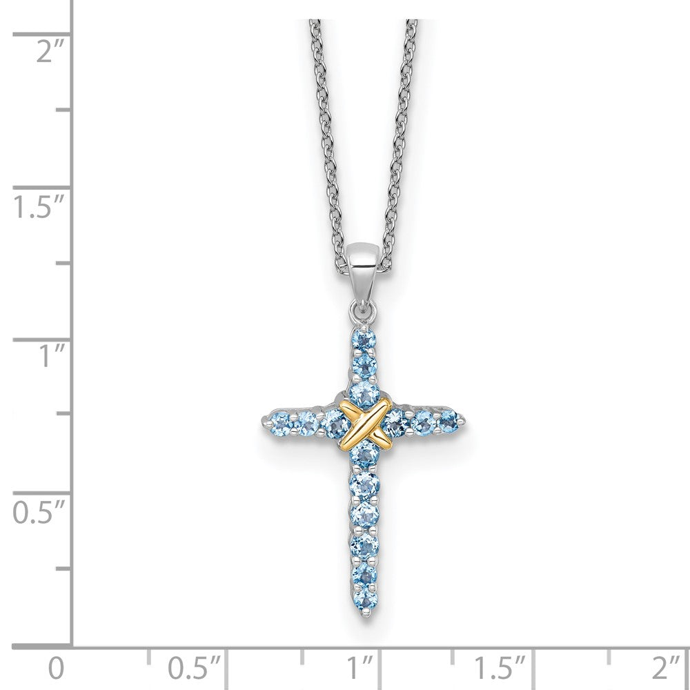 Ss Rhodium Plated w/14K/Silver Two-Tone Accent Light Swiss Blue Topaz Cross Necklace