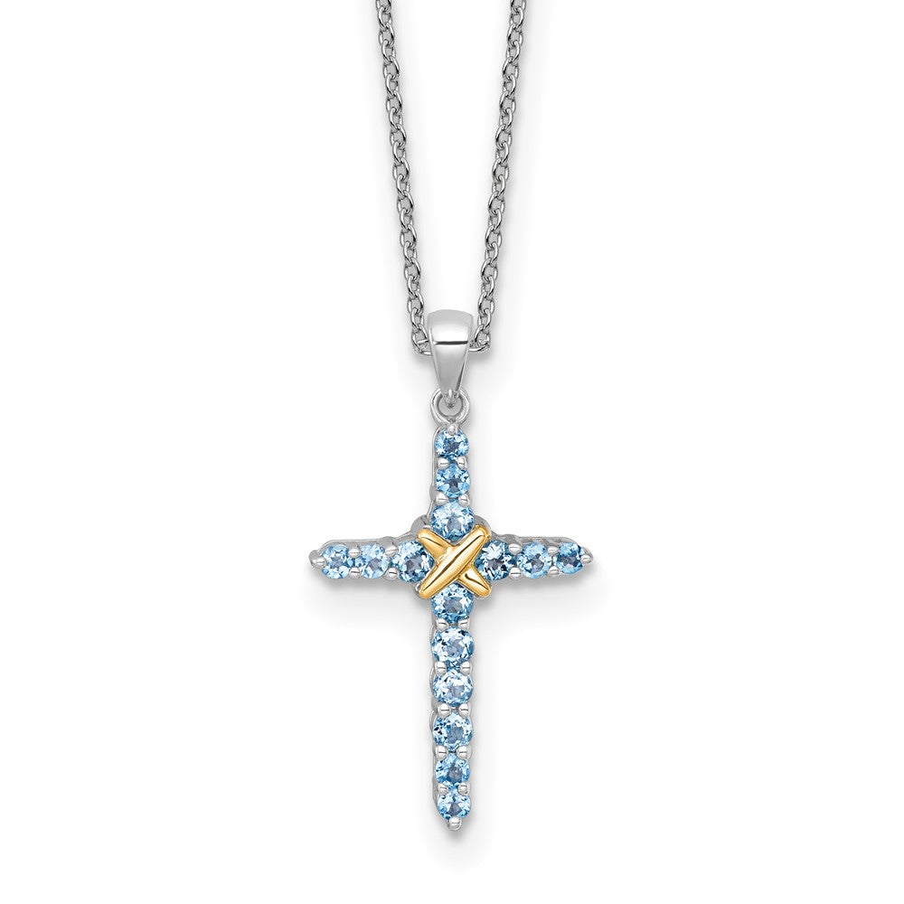 Ss Rhodium Plated w/14K/Silver Two-Tone Accent Light Swiss Blue Topaz Cross Necklace