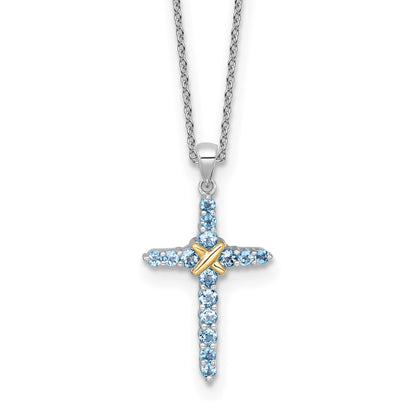 Ss Rhodium Plated w/14K/Silver Two-Tone Accent Light Swiss Blue Topaz Cross Necklace